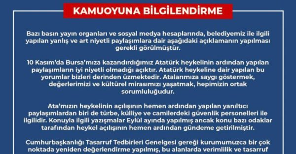 Büyükşehir’den kamuoyuna bilgilendirme
