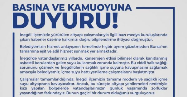 İnegöl’de yürütülen altyapı çalışmalarıyla ilgili açıklama